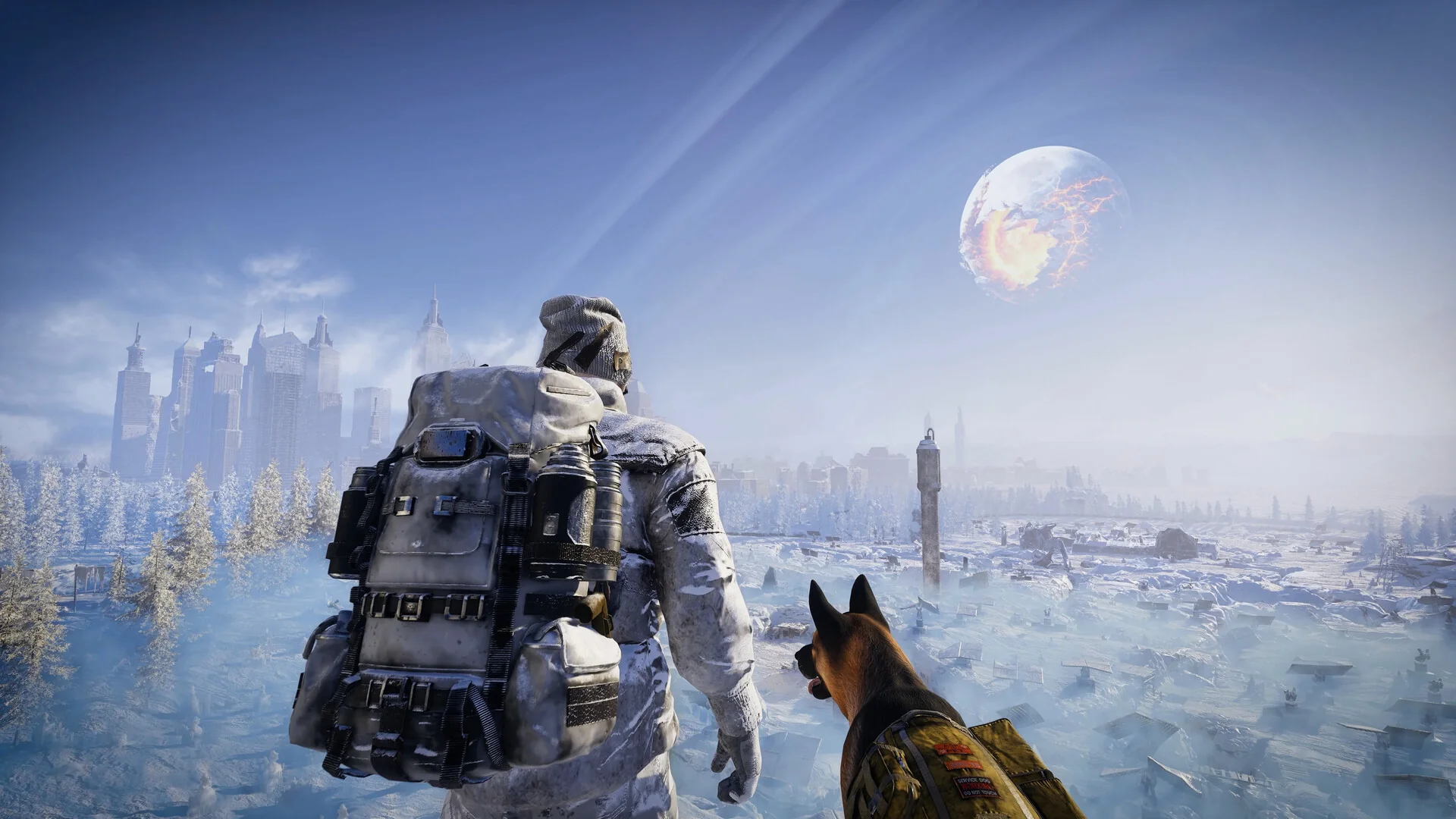 Überlebender und Hund über einer gefrorenen Stadt unter dem zerbrochenen Mond in Permafrost