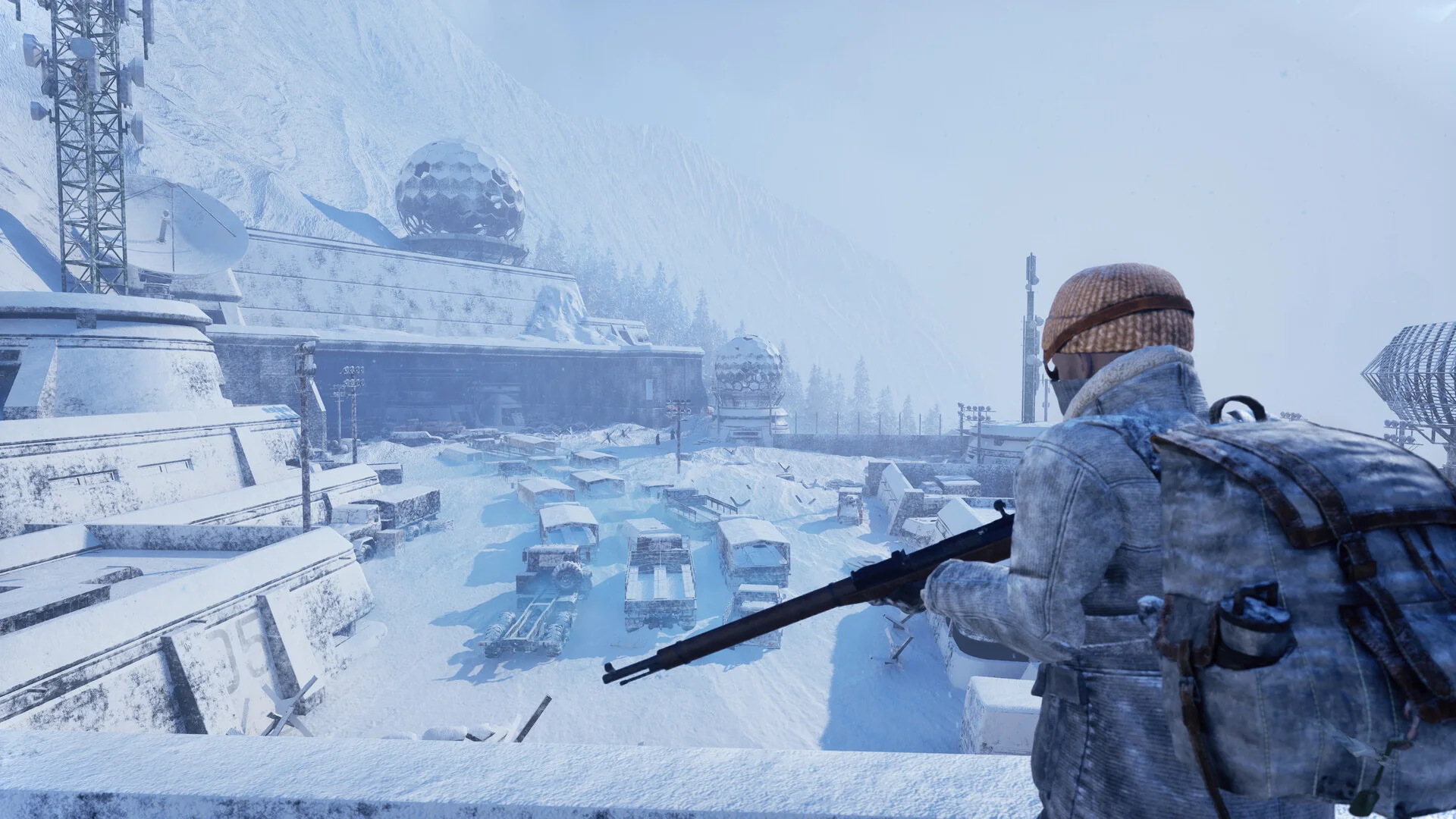 Permafrost survivor aiming a rifle over an icy industrial area