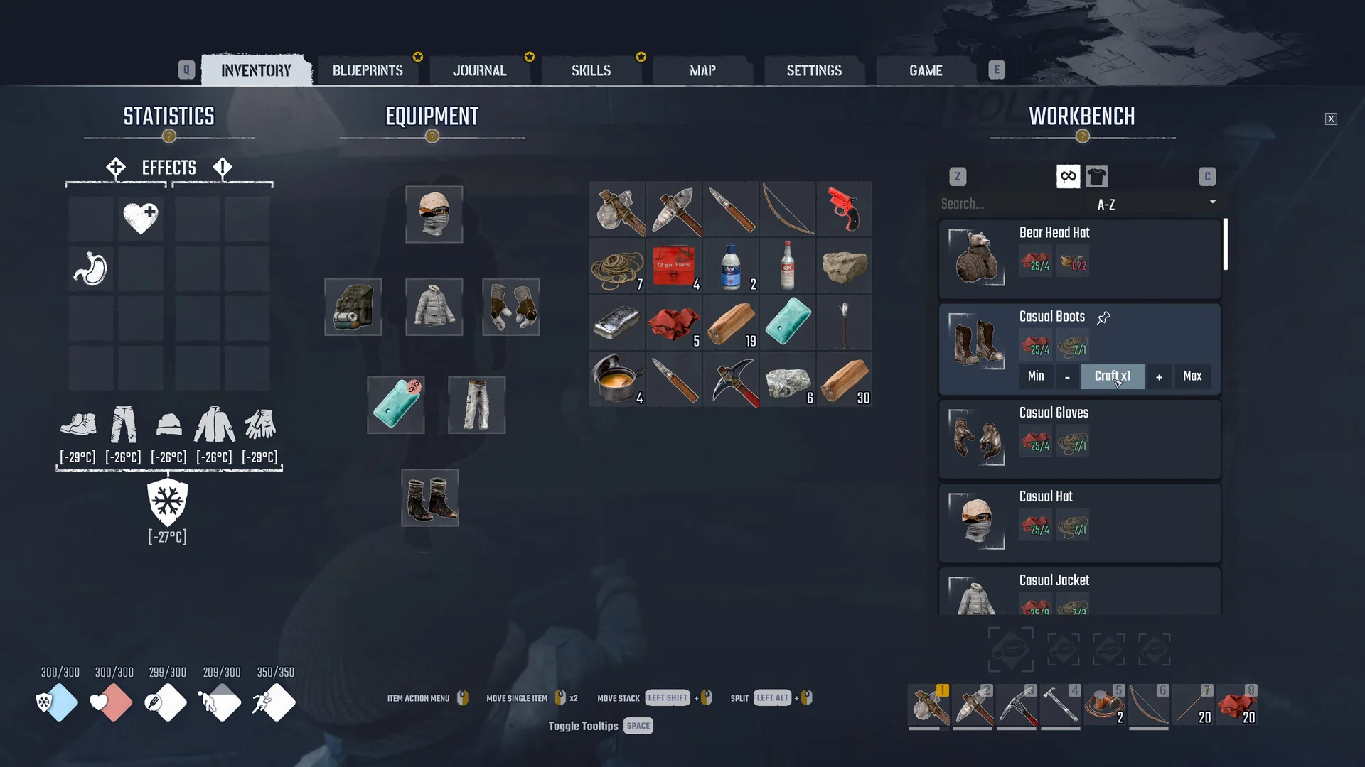 Permafrost inventory, equipment and workbench crafting interface