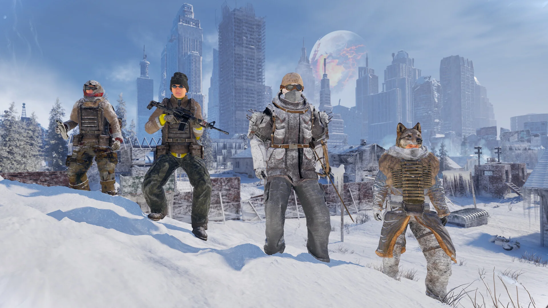 Four Permafrost survivors standing together in snow