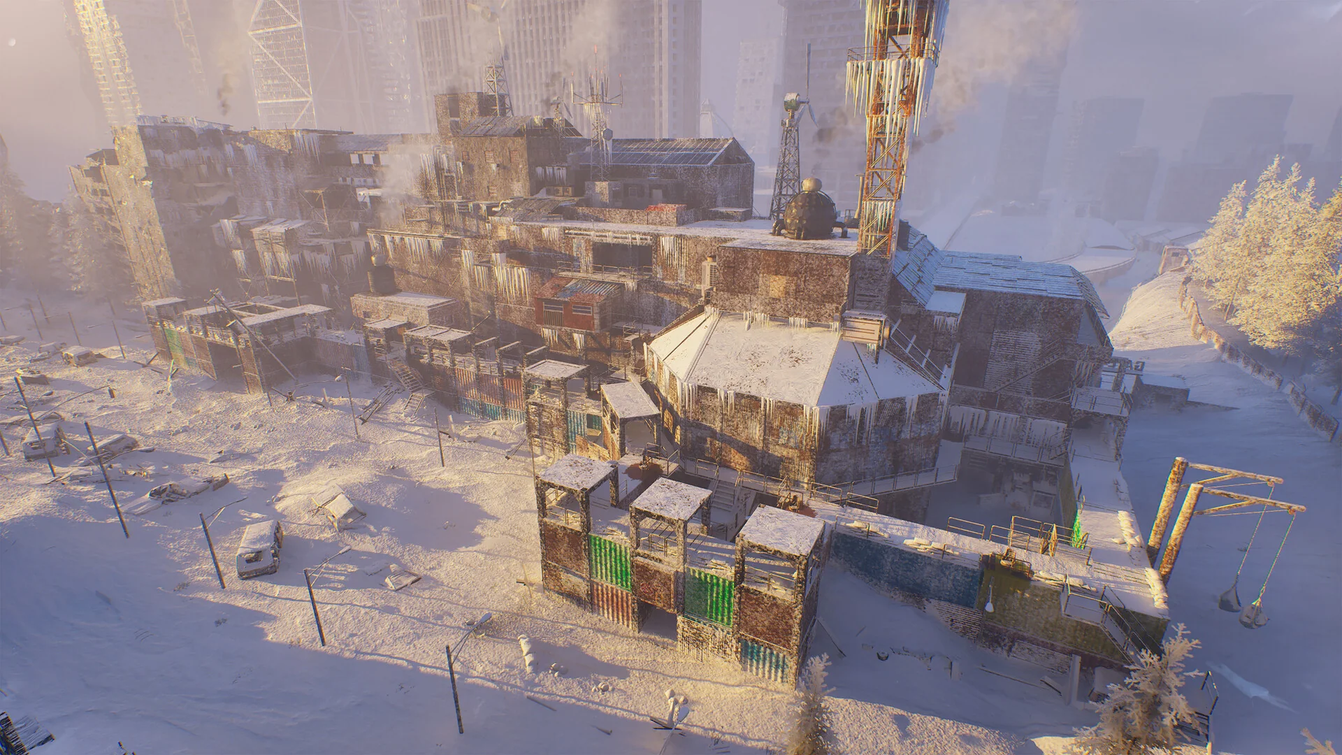 Aerial view of a Permafrost settlement with tents and buildings