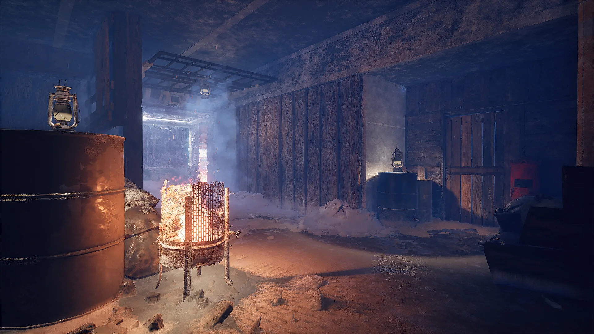 A burning barrel inside a dark Permafrost shelter